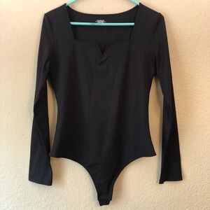 Women's Large Black Long Sleeve Bodysuit Square Neckine